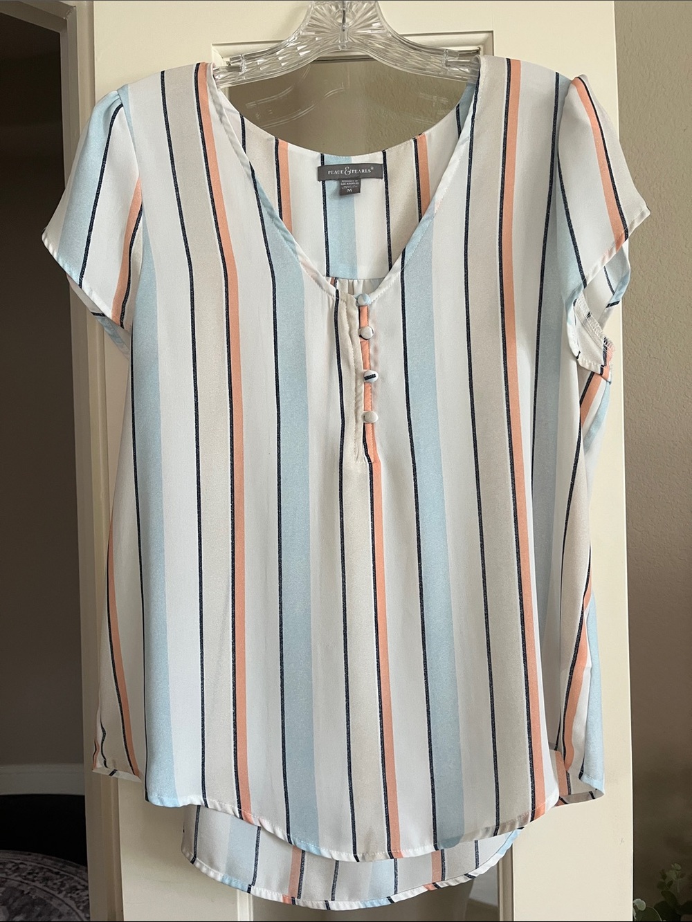 Peace & Pearls Top, Medium, Blue, Orange, Striped, Short Sleeve, Lightweight